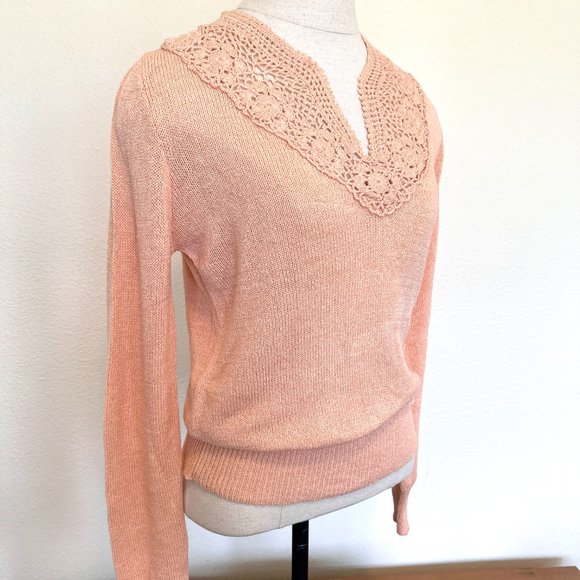 NET 70's "Organically Grown" Pastel Peach Pullover Crochet Vneck Sweater - Large - Picture 9 of 10